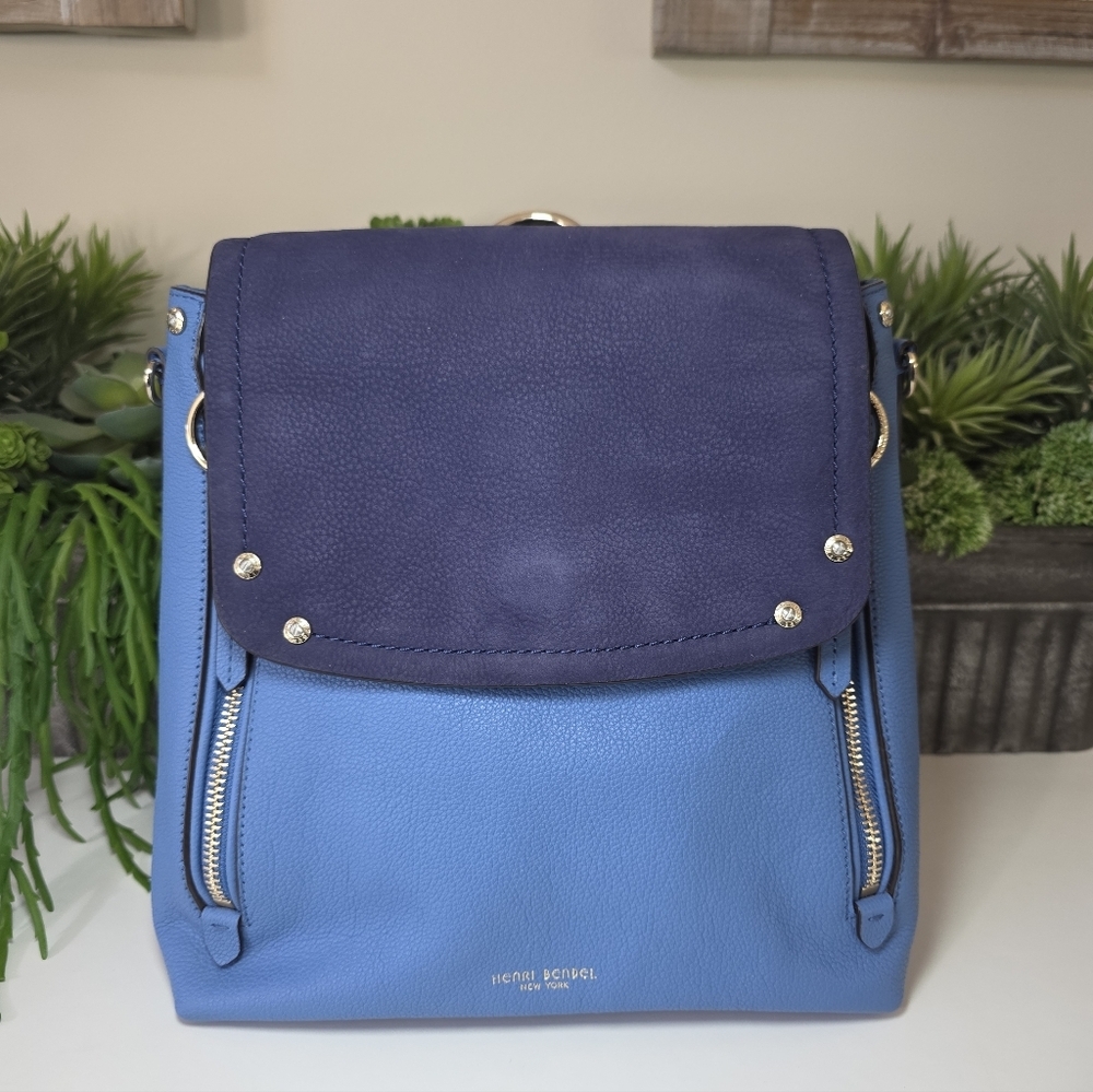 Henri Bendel Convertable Backpack In Pebble Grain Leather Periwinkle-Navy Suede - Picture 2 of 14